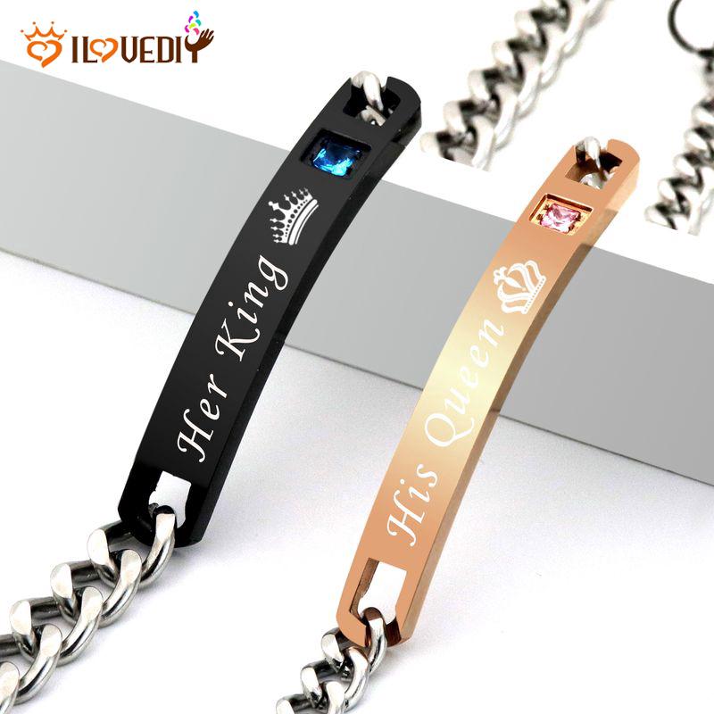 His Queen Her King Womens Male Chain Crystal Couple Bracelet Men Jewelry Gifts