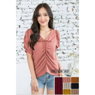เสื้อสาวอวบคอวีแขนตุ๊กตาแต่งแบบรูดหน้าอก34-42ยาว26