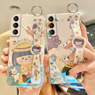 เคสโทรศัพท์มือถือแบบนิ่ม กันกระแทก ลายการ์ตูนเด็กผู้หญิง ดอกทานตะวันน่ารัก พร้อมสายคล้องข้อมือ สําหรับ Samsung Galaxy S21 FE 5G