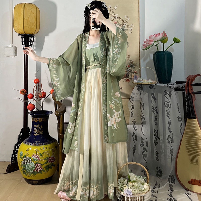 Hanfu [ตะกร้าสีเขียว] กระโปรงพิมพ์เอวจีบฤดูใบไม้ผลิและฤดูร้อน