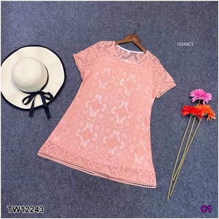 👗Pfashion [ส่งไว!!🚛] P12243 เดรสลูกไม้แขนสั้น ชายเทปลูกไม้ short sleeve lace dress with lace tape