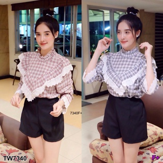 MF7340  Set 2ชิ้น เสื้อลายสก๊อตแขนยาวจั้มปลาย  คอปืนแต่งระบาย ช่วงหน้าอกและด้านหลังแต่งระบายฉุลเก๋ มีกระดุมติดด้านหลังเน