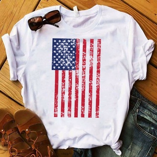 เสื้อยืด Women Shirt Plus Size American Women Striped Printed USA Flag Print Top  Short Sleeve Tshirt Female  Womens