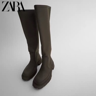 Zara รองเท้าบูทยาง ทรงสูง สีเขียวกากี แฟชั่นฤดูใบไม้ร่วง สําหรับผู้หญิง 2021