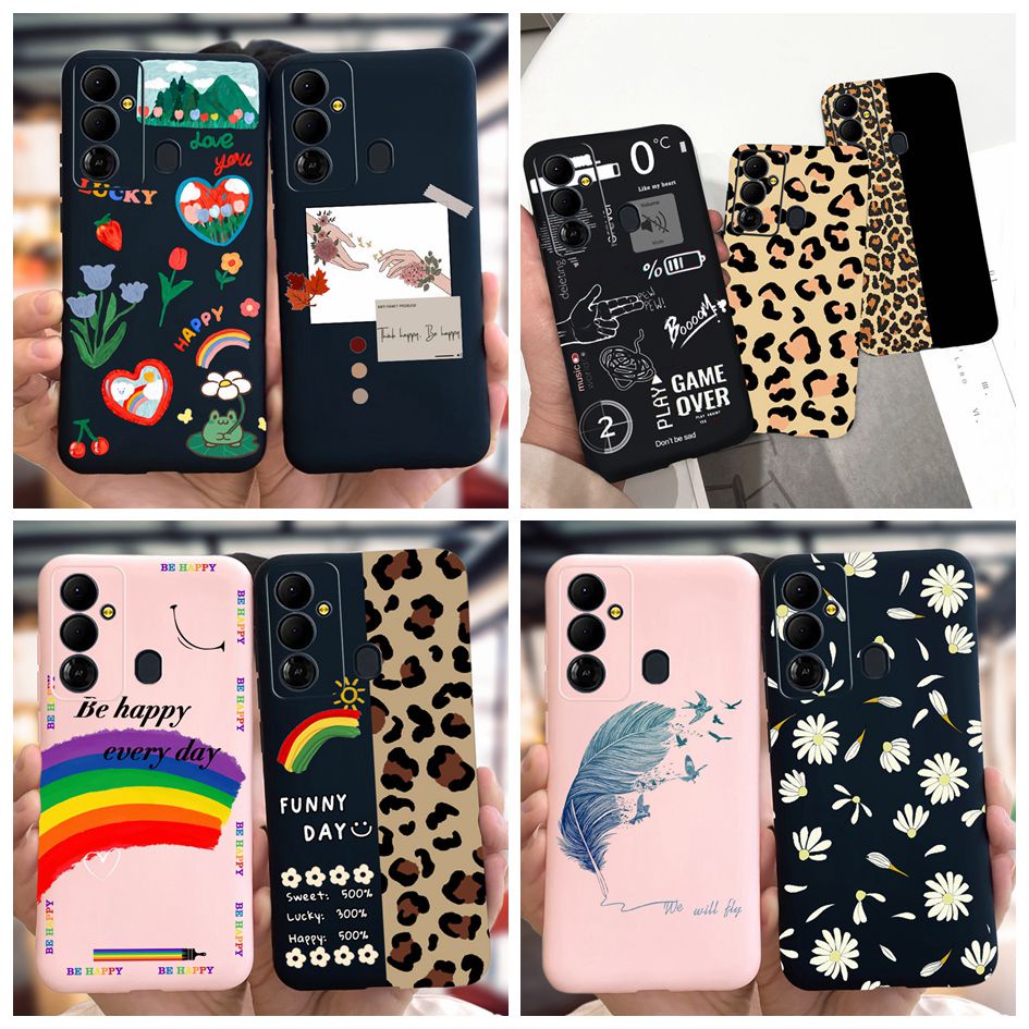 Tecno Pop 6 Go BE6j เคสโทรศัพท์มือถือแบบนิ่ม ลายขนนก ดอกเดซี่ สีรุ้ง แฟชั่น สําหรับ Tecno Pop 6 BE7 