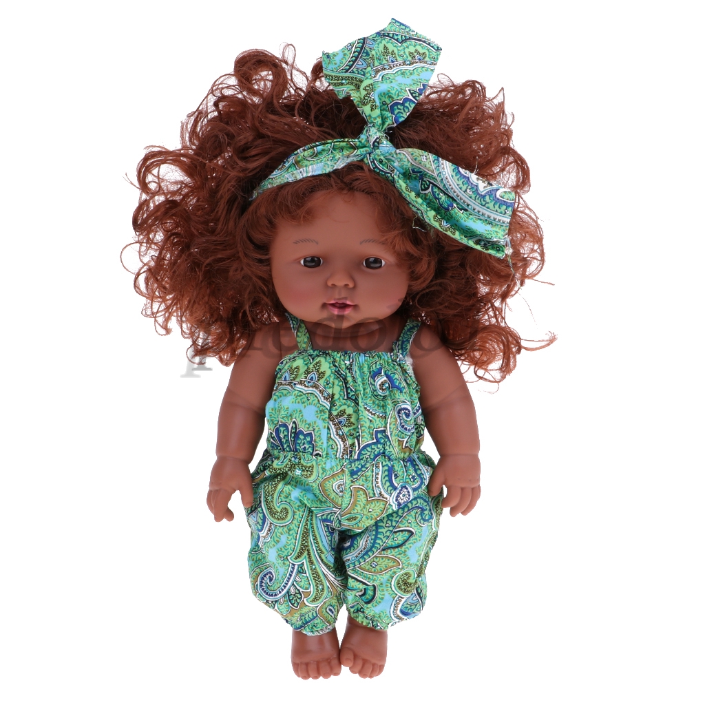 30cm Soft Vinyl Baby Girl Doll Curly Hair Black Skin Tone Green Jumpsuit - mod skin roblox hair