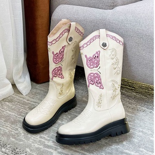 PU ปักแขนเสื้อคาวบอย Mid Tube V ปาก Vintage Cavalier Western Boots Women