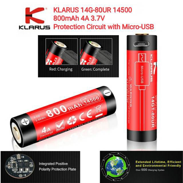 ถ่านชาร์จ Klarus 14500 800mAh 4A 3.7V วงจร มีช่องชาร์จ Micro-USB ในตัว