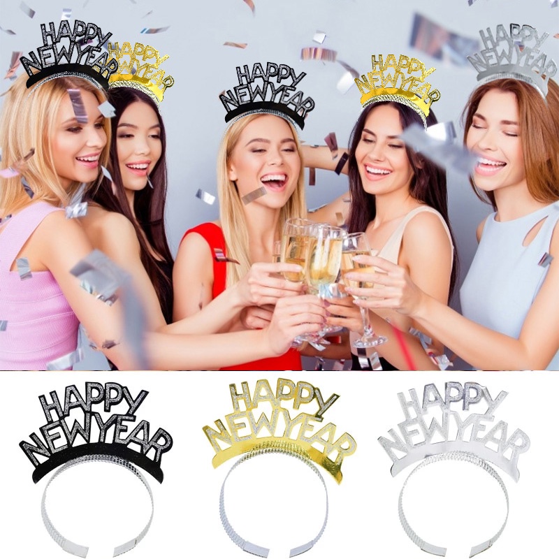 Happy New Year Headband Glitter Gold Silver Hairbands Photo Props For New Year Eve Christmas Party Hair Hoop Accessories
