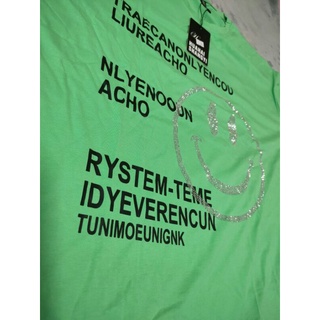 [พร้อมส่ง] เสื้อยืดผ้าเด้ง สีเขียวอ่อน รีดเพชรลายหน้ายิ้ม อก 52" ยาว 30"