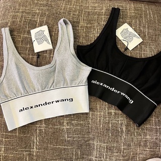 ALEXANDER WANG LOGO ELASTIC BRA IN BLACK เสื้อครอปสายเดี่ยว เอวยางยืดสีดำ แถบตัวหนังสือโลโก้ แบรนด์อเล็กซานเดอร์แวง