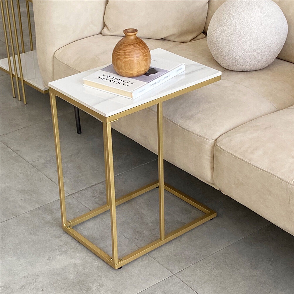 Overbed 25 '' โต๊ะสูง C เน้นท้ายตาราง Sintered Stone Desktop with Gold Metal Leg โต๊ะข้างเหลี่ยม โต๊ะวางของวัสดุหินอ่อ