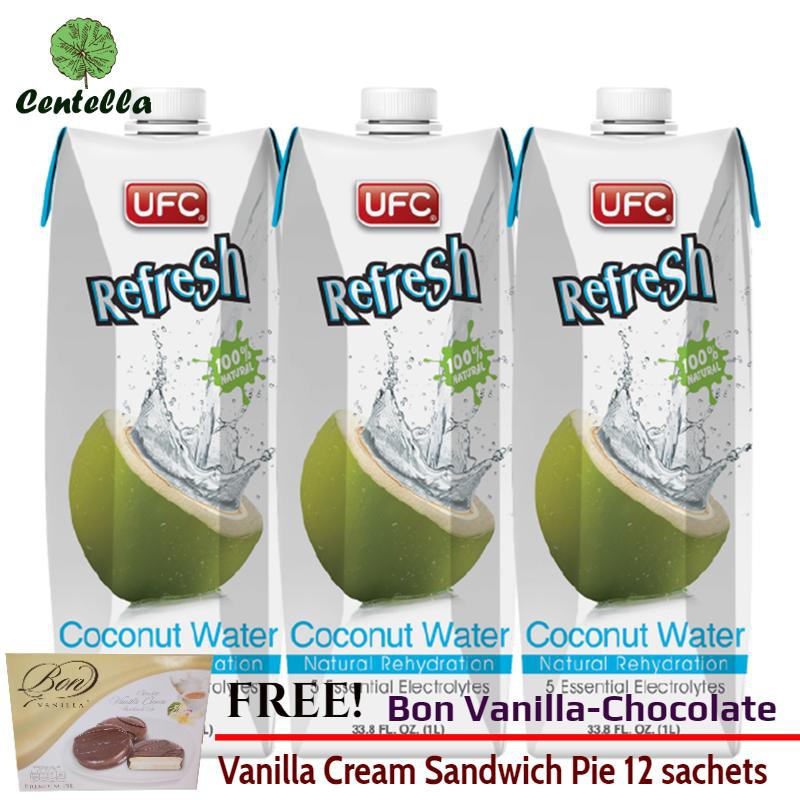 UFC COCONUT JUICE 100% 1000 ml x3 pc Free Bon Vanilla-Chocolate Vanilla Cream Sandwich Pie 12 sachet