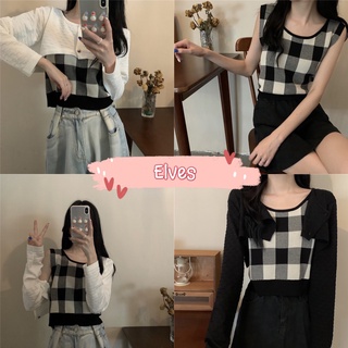 Elves✨พร้อมส่ง✨ เสื้อครอปไหมพรม/เสื้อกล้ามไหมพรมลายตารางใหญ่สีขาวดำ (ขายแยกกัน) ~ 3156 / 3157 ~