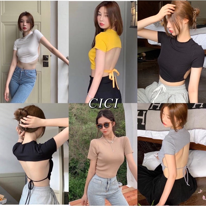 ส่งทันที Cici(NO. A791)เสื้อครอปไหมพรมคอสูง ว้าหลัง มีดีเทลสายผูก สุดเซ็กซี่