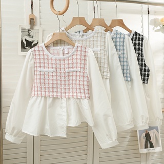 เสื้อเชิ้ตแขนยาว คอกลม ทรงหลวม ลายสก๊อต ไม่สม่ําเสมอ สไตล์เกาหลี สําหรับผู้หญิง พร้อมส่ง