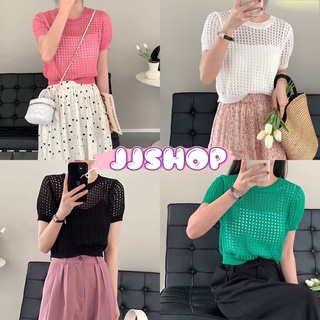 JJ shop💜 พร้อมส่ง   เสื้อเสื้อถักไหมพรมซีทรู แขนสั้น คอกลมระบายตามเสื้อใส่สบาย "99025/99025-1-C"