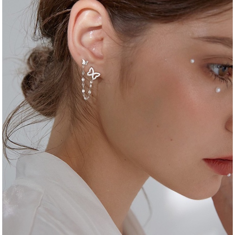 239-goodgift_station -double butterfly  earrings 925 sterling silver ต่างหูเงิน 92.5 แบบเจาะ สำหรับค