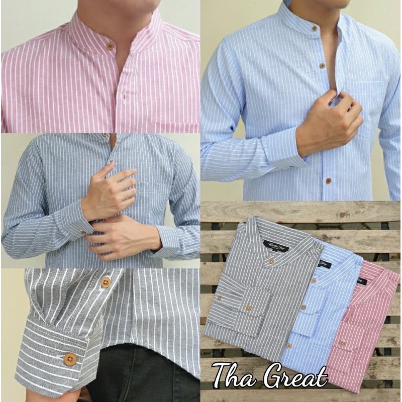 เสื้อเชิ้คอจีตลายริ้วทรงสลิมแขนยาวผ้าOxford