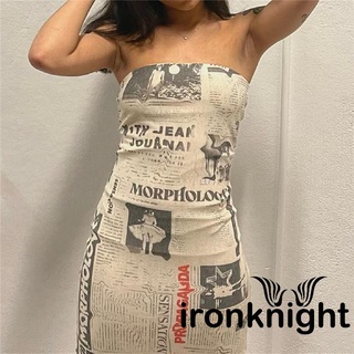 ✲GN☏Women´s Strapless Sleeveless Newspaper Printed Skinny Midi Dresses