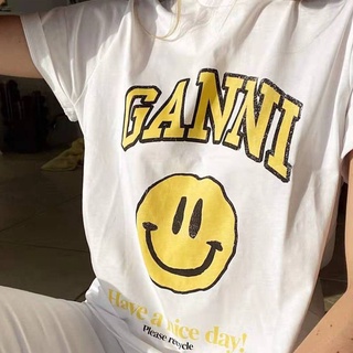 Ganni ใหม่ เสื้อยืดคอกลม แขนสั้น พิมพ์ลายตัวอักษร หน้ายิ้ม สีขาว ทรงหลวม แฟชั่นฤดูร้อน สําหรับผู้หญิง