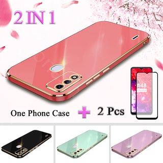 2 IN 1 ITEL A48 เคสชุบไฟฟ้า ขอบตรง พร้อมกระจกนิรภัยกันรอยหน้าจอเซรามิค