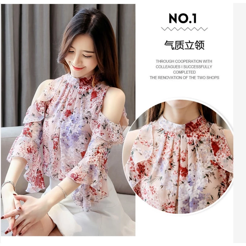 เสื้อเชิ้ตชีฟองลายดอกไม้ผู้หญิง แขนสั้น ทรงหลวม สไตล์เกาหลี thumbnail 7