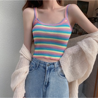 🔥พร้อมส่ง🔥 เสื้อสายเดี่ยว เอวลอย สีพาสเทล🌈