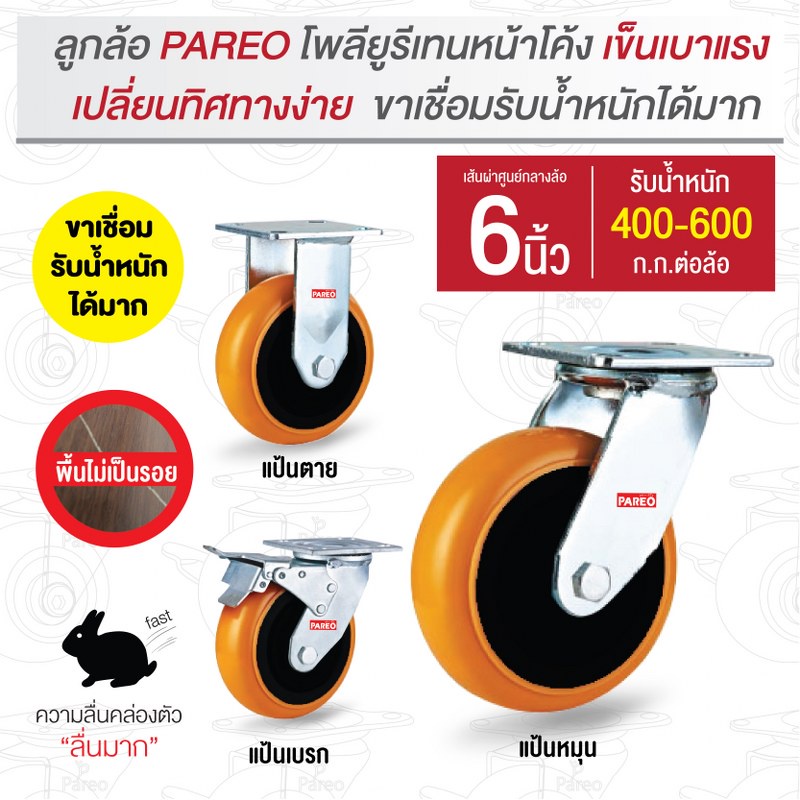 ลูกล้อ6นิ้ว (150มม.) ล้อโพลียูรีเทนหน้าโค้ง ล้อยูรีเทน PU ล้อไม่แตก ล้อขาเชื่อม ล้อสำหรับงานหนัก รับน้ำหนัก 350-525 กก.