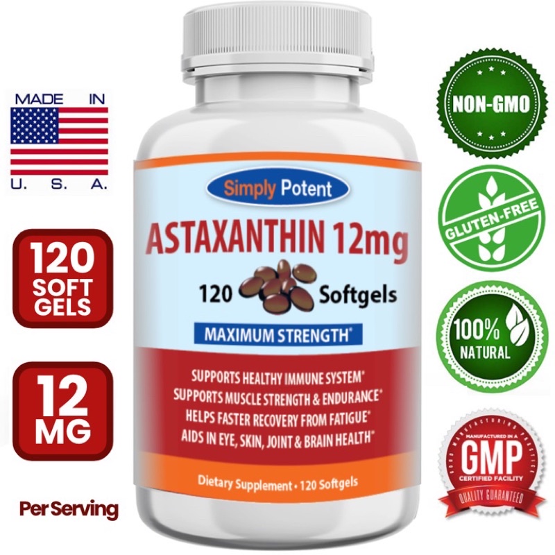 (EXP. 2024)โปร!! Astaxantin 12mg ต่อเม็ด จากอเมริกา ยี่ห้อ Simply Potent ของแท้นำเข้าอเมริกา ขนาด 12
