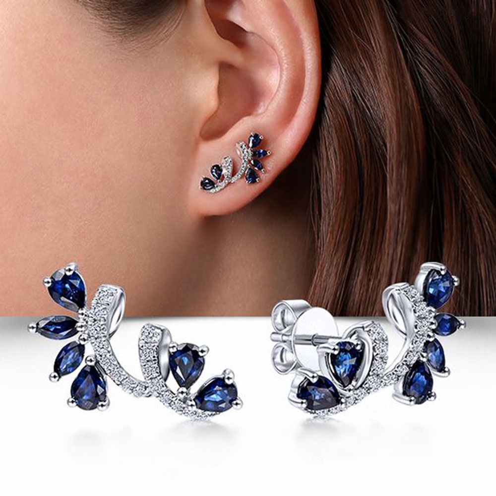 925 เงินสเตอร์ลิงความงาม Blue Cubic Zirconia ต่างหูสตั๊ดสําหรับผู้หญิงหมั้นงานแต่งงานที่ละเอียดอ่อนหูอุปกรณ์เสริม Party เครื่องประดับอินเทรนด์