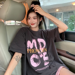 WAN24 เสื้อยืดแขนสั้นพิมพ์ลายตัวอักษรขนาดใหญ่ผู้หญิงฤดูร้อนสาวอ้วนหลวมกลางความยาวรอบคอ top