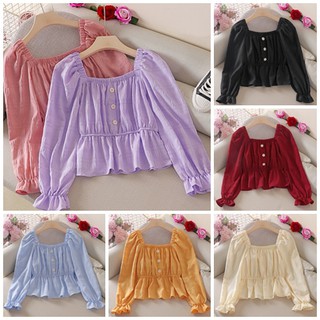 เสื้อแขนยาวคอกลมจั๊มเอวสีสดใส [II5]