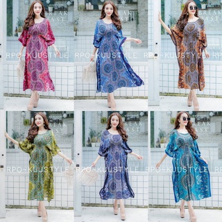 Dress bigsize ลายที่3 เดรสคอกลมแขนค้างคาวช่วงเอวใส่ยางดึงสม้อค