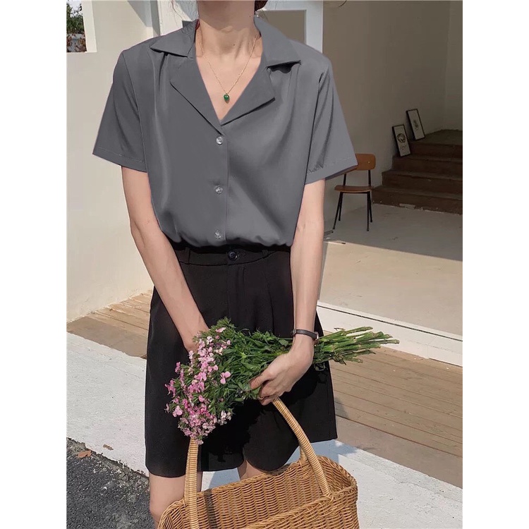 เสื้อเชิ้ตแขนสั้นสีเทาเข้ม UNISEX ทรงOversize ถูกมากใส่สบาย ผ้าไม่ร้อน ไซส์ M-6XL"