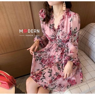 มินิเดรสลายสวยแต่งระบายป้ายModern