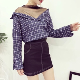 พร้อมส่ง &gt; เสื้อแขนยาว คอวี แต่งตาข่าย