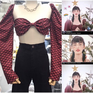 💫N e w💫(พร้อมส่ง) Red Scott Crop Top เสื้อเกาะอกสม็อกหลัง