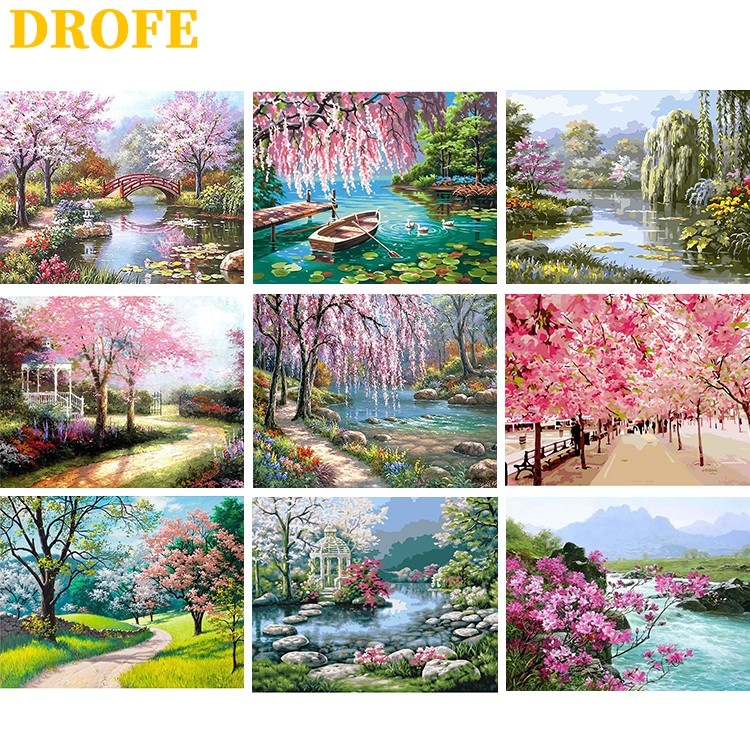 DROFE ภาพวาดระบายสีตามตัวเลข DIY ลายทิวทัศน์ดอกไม้และธรรมชาติ สำหรับตกแต่งบ้าน ขนาด 50X40 ซม.
