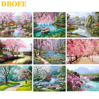 DROFE ภาพวาดระบายสีตามตัวเลข DIY ลายทิวทัศน์ดอกไม้และธรรมชาติ สำหรับตกแต่งบ้าน ขนาด 50X40 ซม.