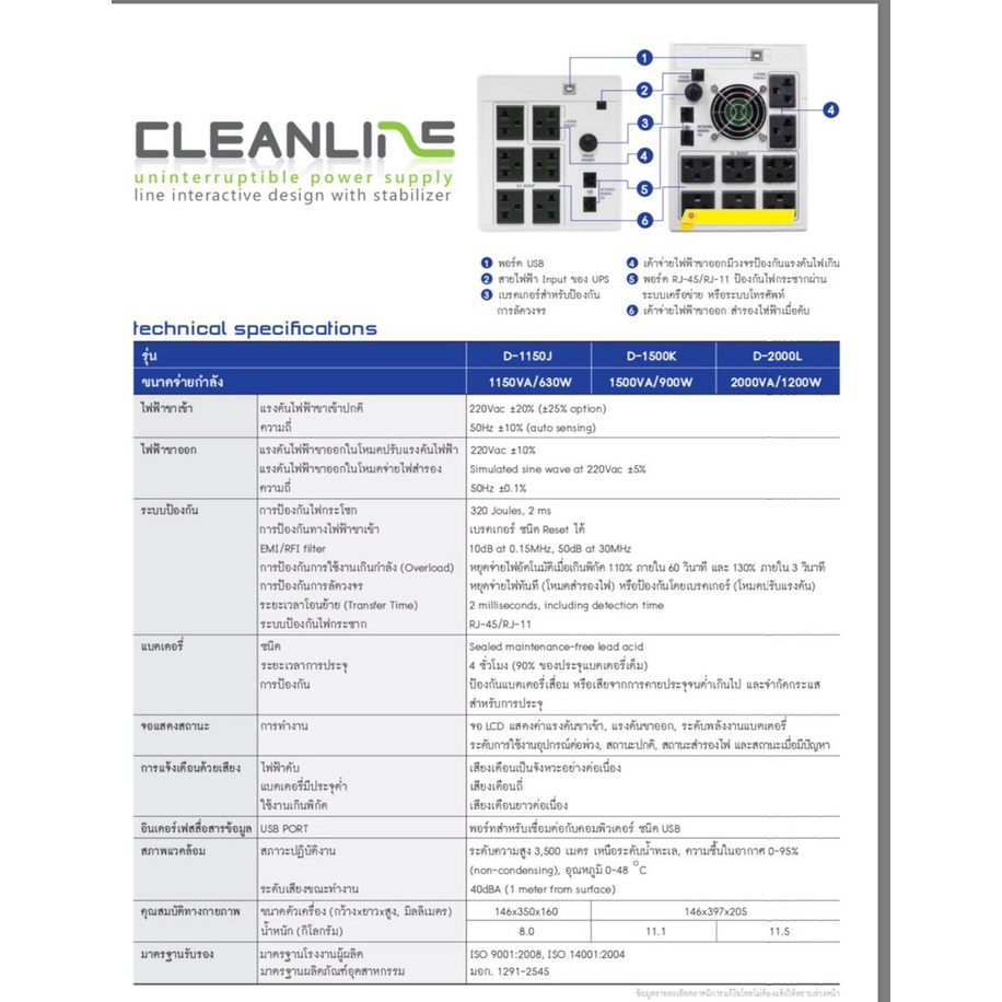 UPS CLEANLINE D-1500K (1500VA-900Watts)ประกันศูนย์ CLENLINE 2.ปี *Onsite Service*(กทม & ปริมณฑล)ออกVATได้ ราคารวมVATแล้ว - รูปที่ 6