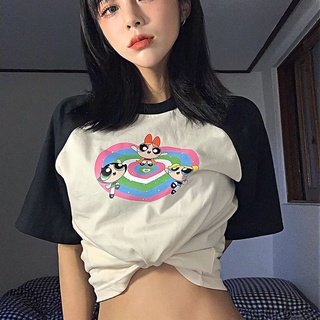 เสื้อยืดแขนสั้นผ้าฝ้าย ~ เสื้อครอปพิมพ์ลายการ์ตูนสีตัดกัน