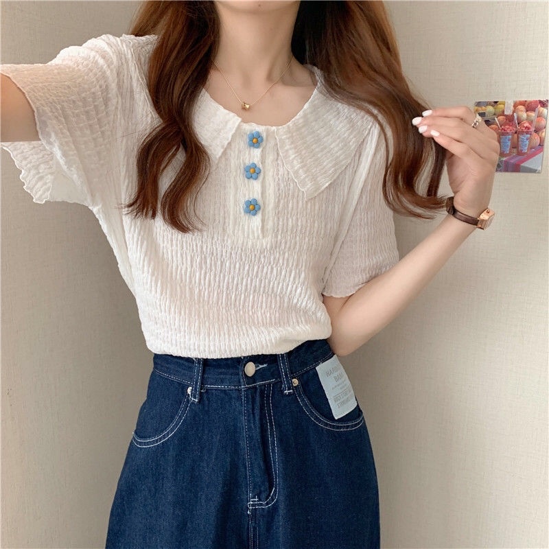 ttshopพร้อมส่ง เสื้อไหมพรมคอปก ผ้าลายเล็กๆ สีน่ารักมาก (8K43 ...