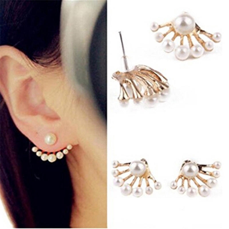 Fashion Womens Rhinestone Faux Pearl Front /& Back Earrings Ear Studs Silver Earbobs