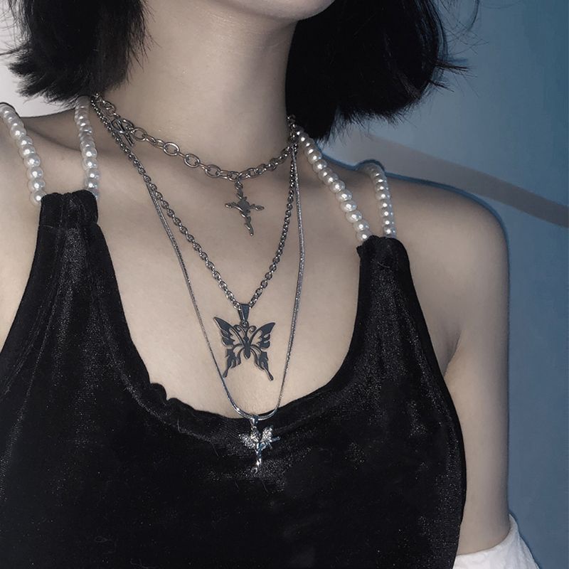 ARIN 3 ชิ้นเงินเงาสําหรับผีเสื้อ 3 ชั้นจี้ Clavicle Chain สร้อยคอผู้หญิง Gi