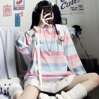 เสื้อแขนยาว แฟชั่นสาวน้อย ลายทางสีชมพูฟ้าน่ารัก ( Pre-order​)​