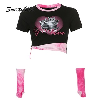 Sweeticme เสื้อยืดครอป แขนสั้น พิมพ์ลายแมวน่ารัก สีมัดย้อม สําหรับผู้หญิง