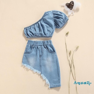 Aqq-ชุดเสื้อครอปแขนสั้นเปิดไหล่ผ้ายีนส์ + กระโปรงสําหรับผู้หญิง