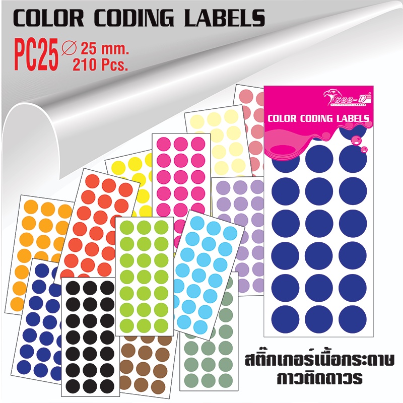 สติ๊กเกอร์วงกลม 25 มม. สติ๊กเกอร์ Color Coding Label - PC25 บรรจุ 10 แผ่น ( 210 ดวง/ ห่อ)