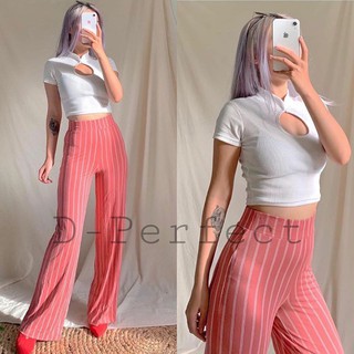 f21 Striped Wide-Leg Pants  กางเกงทรงขาบาน เอวสูง ขอบเอวหนาเป็นยางยืด เนื้อผ้าเรย่อน ใส่สบายเอวสูง ดูดีมากมาย